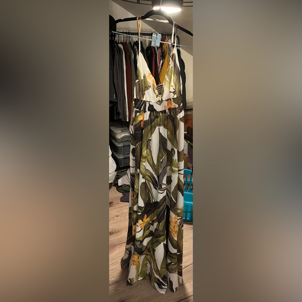 Fashion Nova Leaf Print Maxi Skirt - Green and White